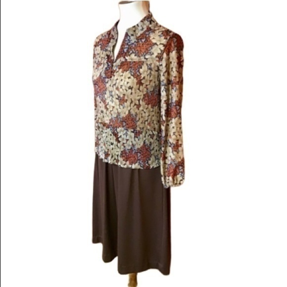 Vintage 70s earthy flowers retro long sleeve dress - Picture 1 of 8